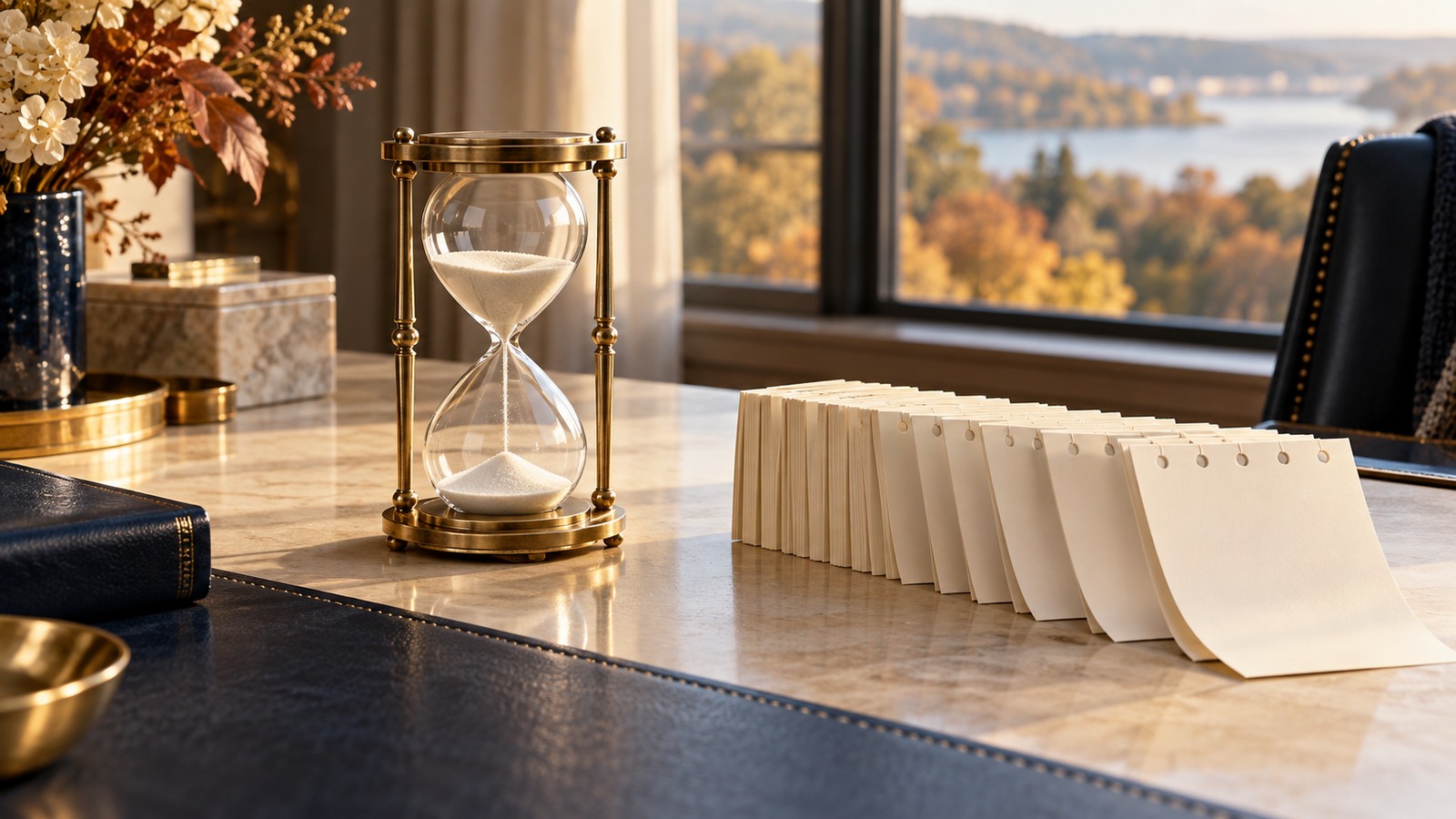 Brass hourglass beside blank ivory calendar leaves on a sunlit stone desk