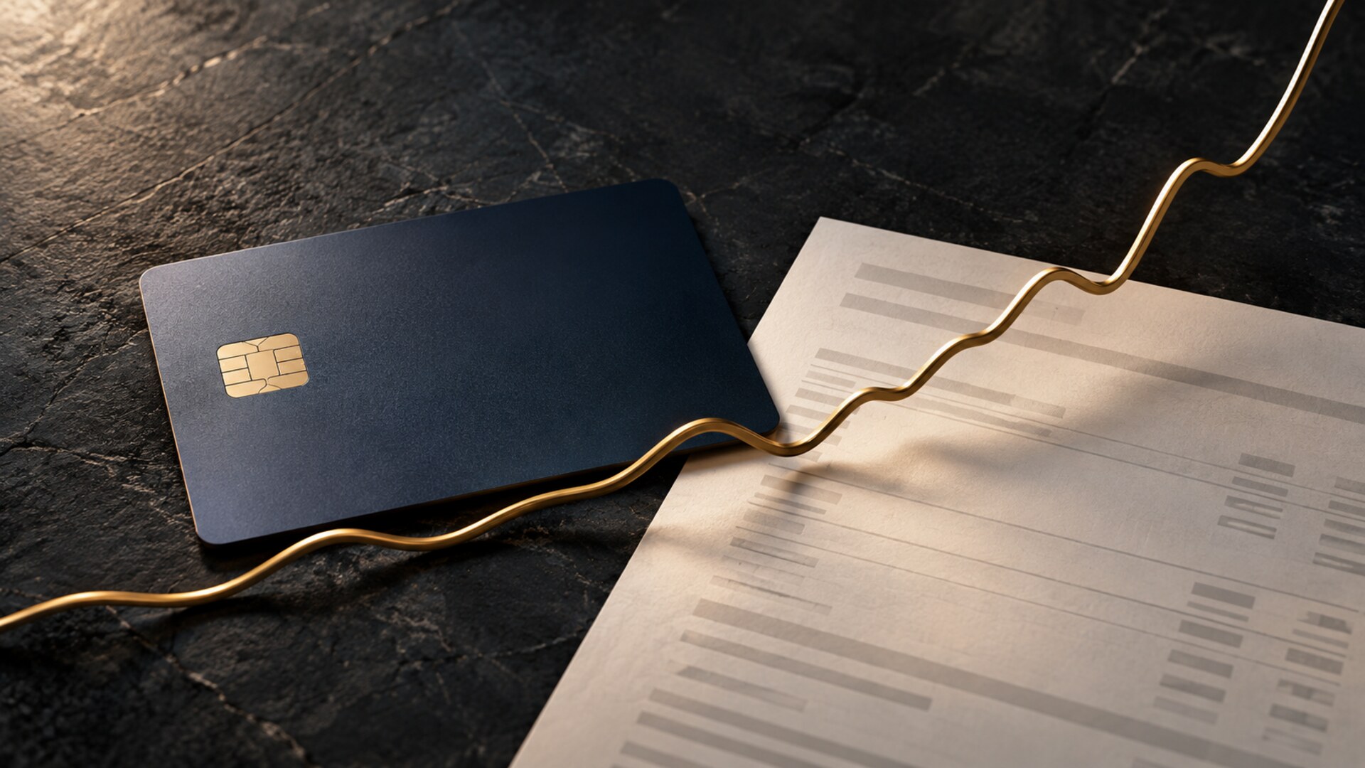 Navy credit card and statement crossed by a rising gold line, illustrating the cost of high credit card interest