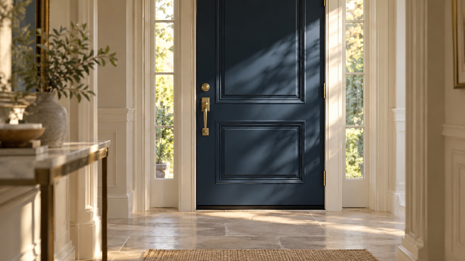 Closed navy front door with brass hardware in a sunlit ivory entry hall