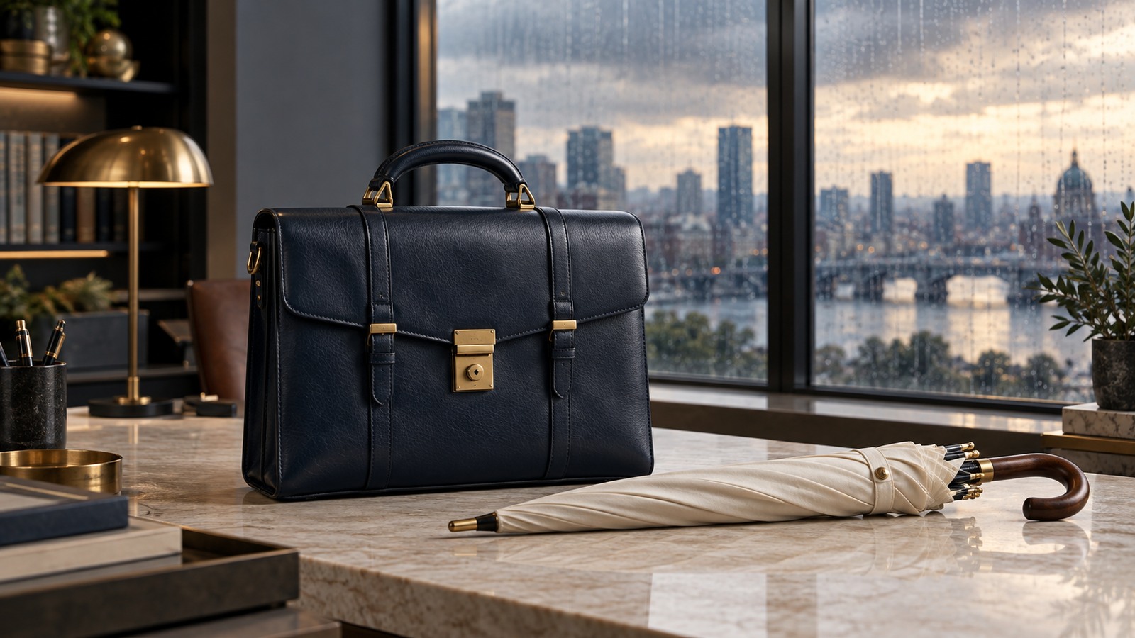Navy leather work briefcase and ivory umbrella on a stone desk beside a rain-streaked window