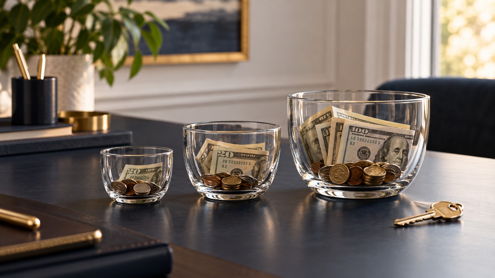 Three glass savings vessels arranged from small to large beside a brass house key
