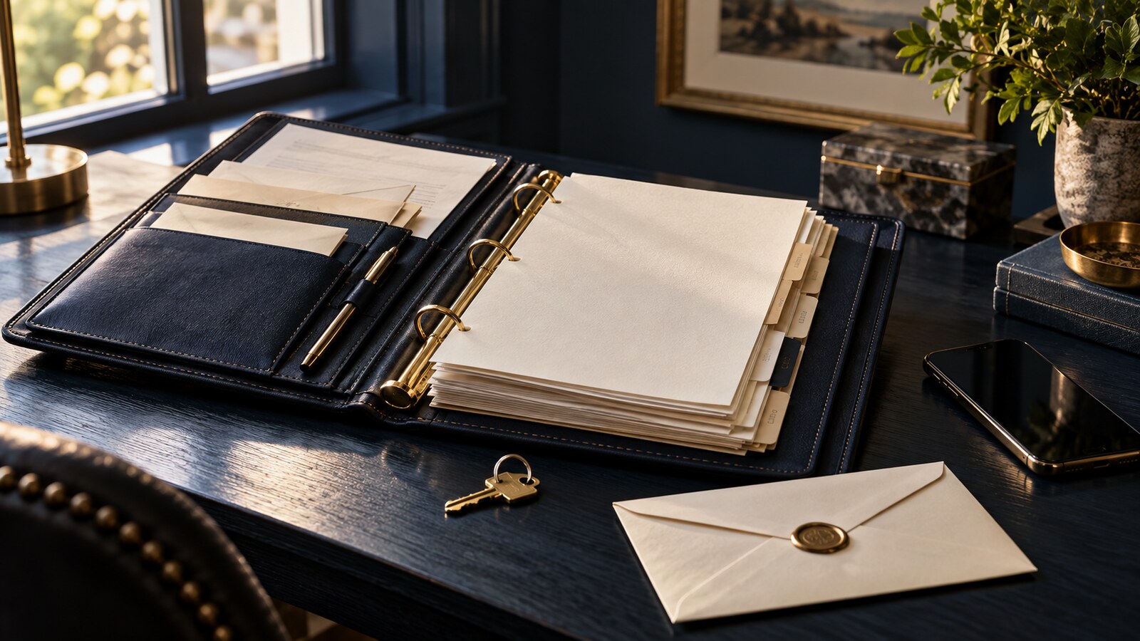 Open navy financial folio with organized documents, a brass key and sealed envelope on a dark desk