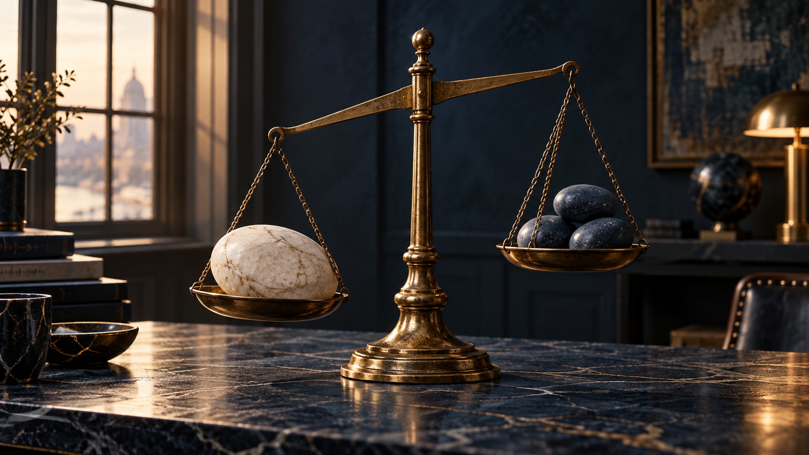 Antique brass balance scale with unequal stones on a navy desk, illustrating a portfolio drifting out of balance
